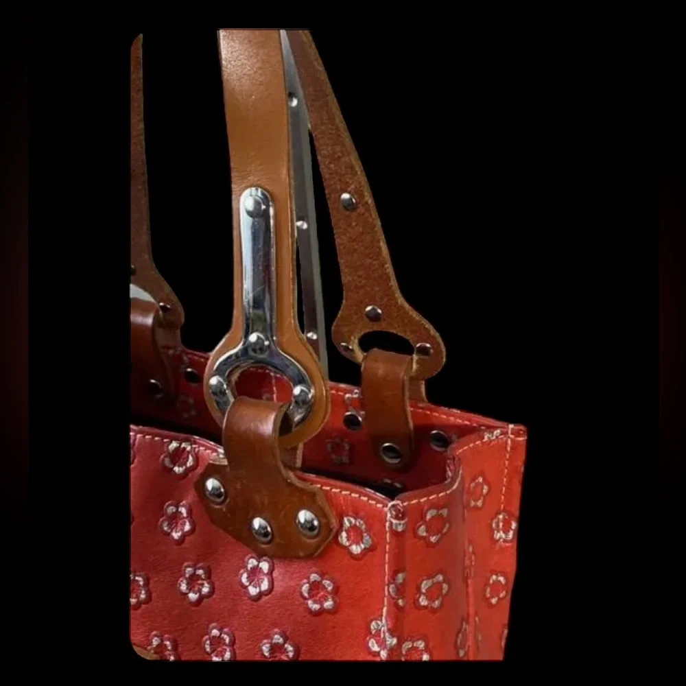 Claudia Firenze Red Leather Tote Bag with Brown‎ Leather Handles